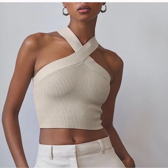 Aritzia Tops - BABATON Sculpt Knit Criss Cross Cropped Tank Top Beige